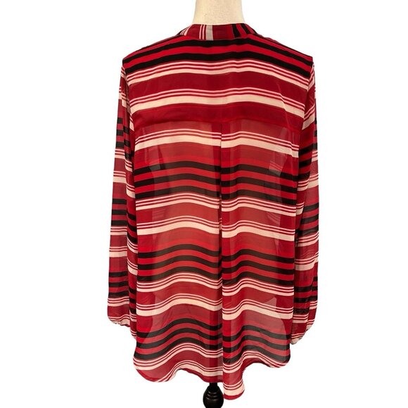 Torrid Top 1X Womens Semi Sheer Chiffon Red Black Striped Button Down Blouse - Picture 3 of 8